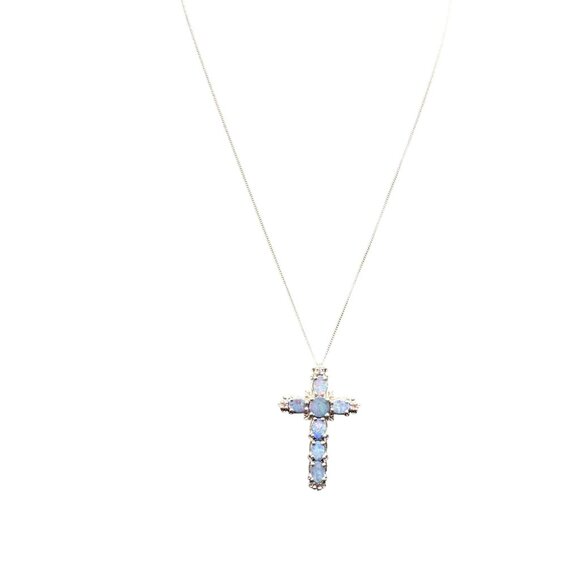 Ethiopian Opal Cross Pendant Necklace Sterling Silver 19 1/2" Chain - Picture 5 of 11